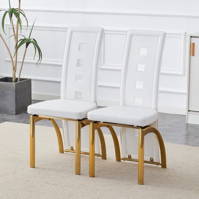 Eetkamerstoelen Set Van 2 - Eetkamerstoel - Eetkamerstoelen - Opengewerkte patronen - Gewatteerde zitting - PU - Metalen stoelpoten - Modern Design - Wit, goud
