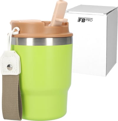 Kleine thermosbeker (400ml) - RVS drinkbeker met draaibare drinktuit en koord - Koffiebeker - Travel mug - Makkelijk draagbaar - Drinkfles voor volwassenen en kinderen - Groen/Bruin