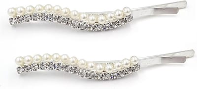 Set van 2 zilverkleurige haarschuifjes met pareltjes en strass - golf model bruidskapsel