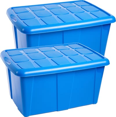 Plasticforte Opbergbox met deksel - 2x - Blauw - 60L - kunststof - 63 x 46 x 32 cm