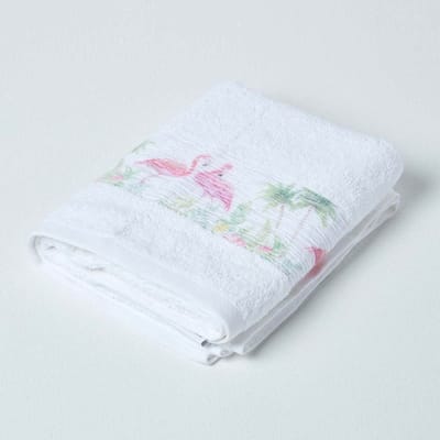 Homescapes Witte katoenen handdoek met flamingoprint 50x90cm
