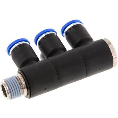 8mm x R1/4'' 3-way Manifold Messing/PA 66 Insteekfitting Buitendraad Draaibaar NBR