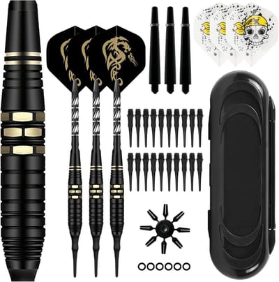 Set van 3 professionele soft darts met plastic punt voor elektronische dartborden, 18 g met rubberen ringen en 20 extra dartpunten