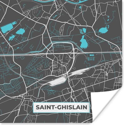 Poster Kaart – Plattegrond – Stadskaart – Saint Ghislain – België - Grijs - 100x100 cm XXL