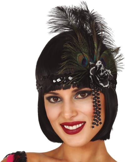 Fiestas Guirca - Tiara Charleston zwart met pauwenveren en roos