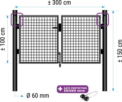 Dubbele poort 100 cm (hoogte) 2 vleugels van 150cm (lengte) RAL 9005 zwart