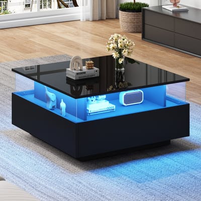 Sweiko Hoogglans salontafel met LED-verlichting, met 2 laden en transparant displaygedeelte, 70*70*41 cm, draagvermogen 30 kg, zwart
