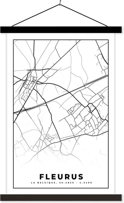 Posterhanger incl. Poster 40x60 cm - Schoolplaat - Plattegrond – Fleurus – Zwart Wit – Stadskaart - Kaart - België - Textielposter - Zwarte latten - Stadskaart