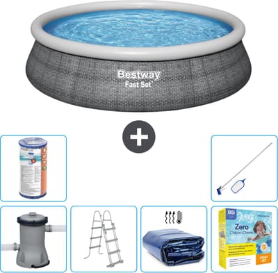 Bestway Rond Opblaasbaar Fast Set Zwembad - Rotanprint - 457 x 107 cm - Inclusief Pomp - Ladder Solarzeil - Onderhoudspakket - Filter - Schoonmaakset