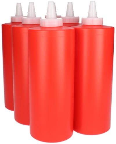 6 x Knijpbare Doseerfles 1000 ml rood met Tuitdop naturel- BPA Vrij - Niet Breekbaar - Plastic Flesjes Navulbaar - Met Dop - Lege Flessen - 6 stuks