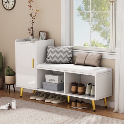 Sweiko Schoenenkast - Hoogglans - Meerdere planken - Zacht beklede zitting - Wit