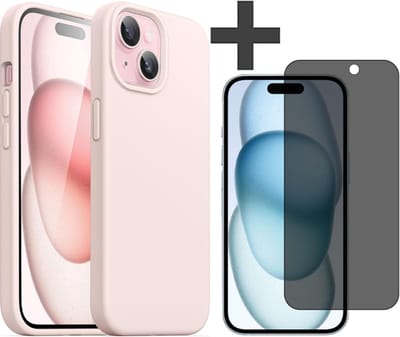 Hoesje met Privacy Screenprotector Geschikt voor iPhone 15 Plus Hoesje Siliconen - liquid case - Arara Backcover - Zand