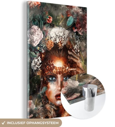 MuchoWow® Glasschilderij 40x60 cm - Schilderij acrylglas - Bloem - Make up - Goud - Foto op glas - Schilderijen