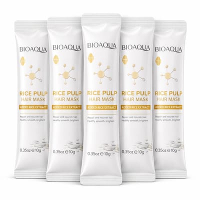 BIOAQUA Rijst Haarmasker | 5 Seconden Repair | Keratine Haarmasker | Droog Beschadigd Haar | Anti Pluis Haarmasker | Haar Herstel Behandeling | Haarmasker Sachets | Glanzend Zacht Haar | Split Ends Repair | Hydraterend Haarmasker | 5X Stuks | 50G