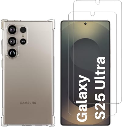 Hoesje voor Samsung Galaxy S25 Ultra backcover Shockproof siliconen Transparant en 2 stuks Screenprotector Gehard Glas