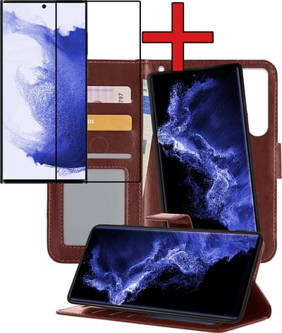 Hoesje - 2 in 1 - Geschikt voor Samsung Galaxy S22 Ultra - Met Screenprotector - En Uitneembare Hard Cover - Kunstleer - Bookcase - Wallet Case - Met Pasjeshouder - Book Case - Uitneembaar - Pashouder - Telefoonhoes - Bruin