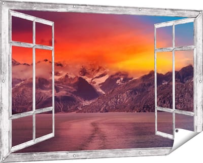Gards Tuinposter Doorkijk Meer bij de Bergen bij Zonsondergang - 150x100 cm - Tuindoek - Tuindecoratie - Wanddecoratie buiten - Tuinschilderij