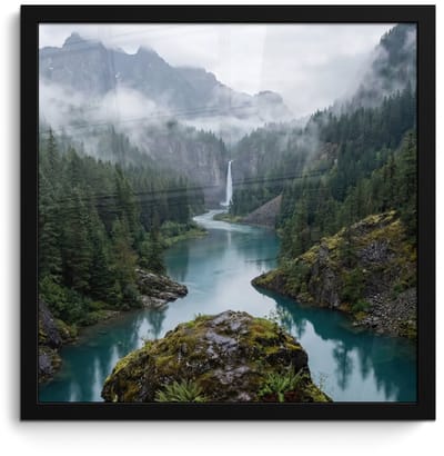 Poster in lijst - Fotolijst 40x40 cm - Posters - Waterval - Bomen - Bergen - Posterlijst zwart - Decoratie - Wanddecoratie woonkamer - Muurdecoratie slaapkamer