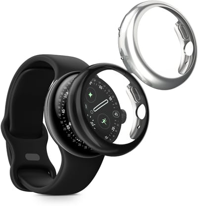 kwmobile 2x smartwatch hoes geschikt voor Google Pixel Watch 4 45mm hoesje - Siliconen sporthorloge cover - Activity tracker case in zwart / zilver