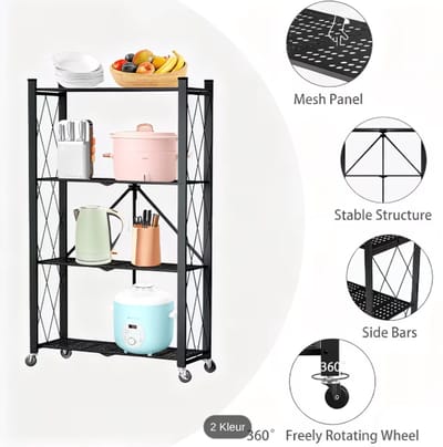 4-Laags Opvouwbaar Metalen Rek Unit, Hoek Keuken Opbergrek met Wielen, Keuken Opbergrek, Voorraadkast En Kast Organizer (Zwart, Wit)