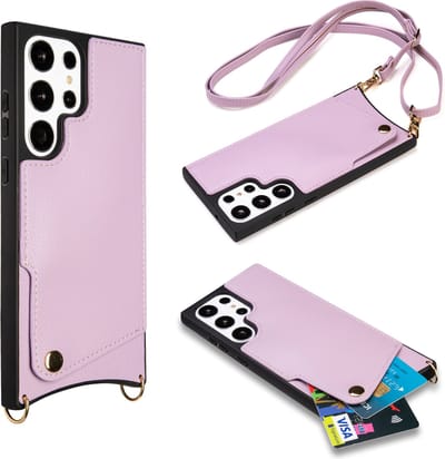 Casemania Hoesje Geschikt voor Samsung Galaxy S23 Ultra - Back Cover met Draagkoord - Pasjeshouder Hoes met Bandje - Crossbody Telefoonhoesje - Lanyard Case - Paars