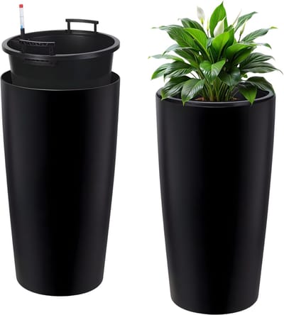 Plantenpotten 76 cm - Voor Patio & Balkon - Set van 2 Zelfwaterende Potten met Afvoergaten, Binnenbak en Waterstandmeter - zwart