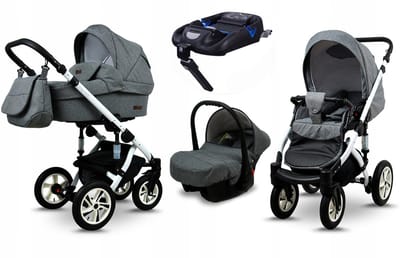 BabyLux® Kinderwagen 4in1 – SKY LARK - Grey Flex WHITE FRAME - Opklapbare Wandelwagen incl. Reiswieg, Multifunctionele Buggy Sportstoel, Autostoel, ISOFIX basisstation - Combi-kinderwagen met Luiertas, Regenhoes, Klamboe