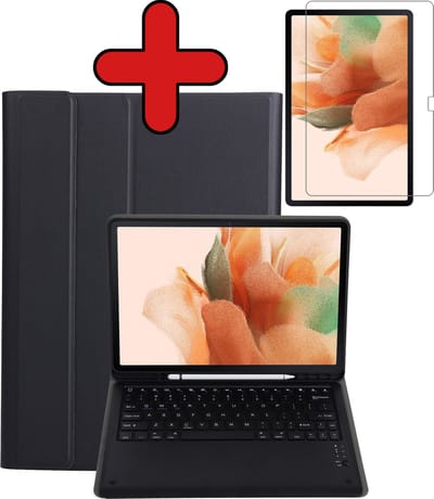 Hoes - Geschikt voor Samsung Galaxy Tab S7 FE - Met Screenprotector - Toetsenbord Case - Keyboard Book Cover - Hoesje - Zwart