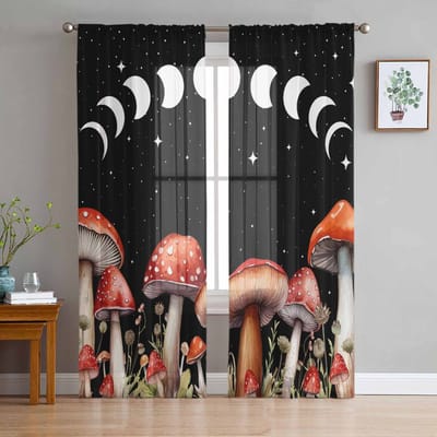 Paddenstoel Aquarel Sterrenhemel Maan Retro Stijl Slaapkamer Gordijnen Tule Transparant Gordijn Woonkamer Huisdecoratie Voile Draperieën 135W x 114H(cm)