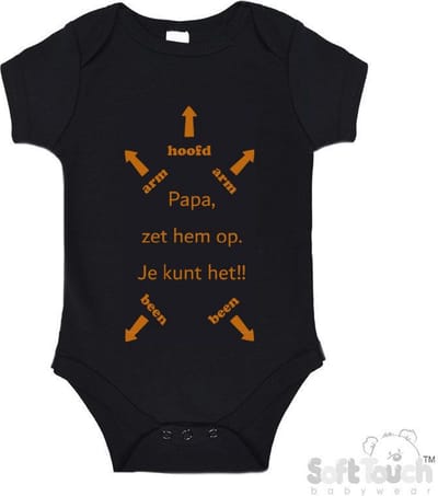 100% katoenen Romper "Papa, zet hem op. Je kunt het!!" + Hoofd Unisex Katoen Zwart/tan Maat 62/68