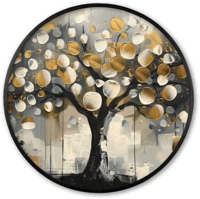Poster in lijst Rond - Fotolijst 60x60 cm - Posters - Boom - Abstract - Beige - Goud - Zwart - Ronde posterlijst zwart - Decoratie - Wanddecoratie woonkamer - Muurdecoratie slaapkamer