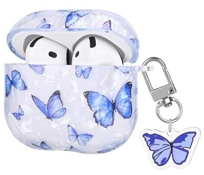 Glinsterende Beschermhoes Compatibel met Airpods 4 Gen 2024 - Blauw Vlinderpatroon met Sleutelhanger