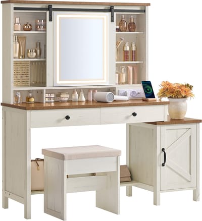 VASAGLE - Kaptafel - Make up Tafel - Kaptafel met Spiegel en Verlichting - Inclusief Krukje - Met Oplaadstation en Sieradenopslag