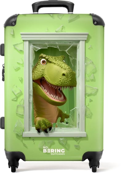 NoBoringSuitcases.com® - Kinderkoffer - Kindertrolley jongen en meisje - T-rex breekt door groen raam met glas - Koffer kind groot - Rolkoffer lichtgewicht - Reiskoffer met 4 wielen - Grote trolley XL - 20 kg bagage