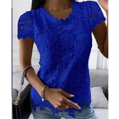 Nieuwe Zomer Dames Nieuwe Kant Blouse Top met Korte Mouwen 4XL