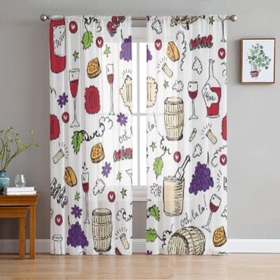 Wijn Tekening Vintage Transparante Gordijnen voor Woonkamer Transparante Tule Raambekleding Slaapkamer Keuken Huis Decoratie Sluier Gordijnen 135W x 114H(cm) white