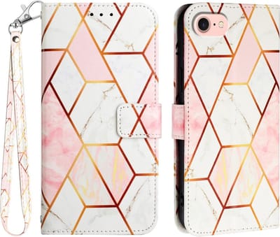 Peachy Rose Marble Wallet kunstleer hoesje geschikt voor iPhone 16e - wit en roze