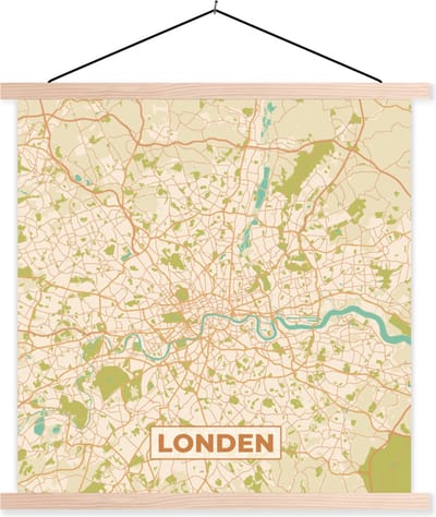 Posterhanger incl. Poster 40x40 cm - Schoolplaat - Londen - Stadskaart - Plattegrond - Vintage - Kaart - Textielposter - Blanke latten - Stadskaart