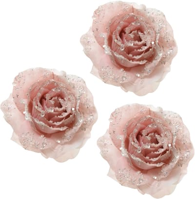 Decoris Decoratie roos - 3x - op clip - poeder roze - D14 cm - kunststof - kerstbloem - bloemen - kerstboomversiering - kerstornamenten