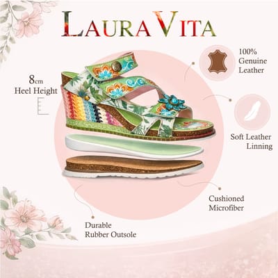 Laura Vita Balade 32 Vert damessandalen met bloemenprint en leren sleehak.