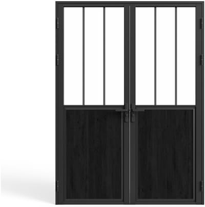 Vente-unique Omkeerbare dubbele deur van aluminium en gehard glas met atelierstijl - Zwart - 2 x H204 x B73 cm - ERMELO