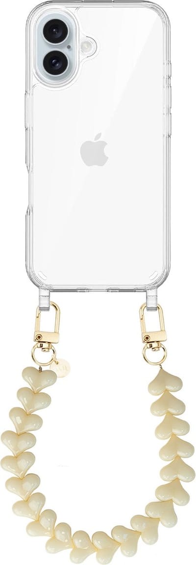 xoxo Wildhearts siliconen hoesje - Geschikt voor iPhone 16 Plus hoesje - Funky Hearts - Telefoonhoesje - Hoesje met koord - Creme / Beige koord - kort telefoonkoord - Hartjes ketting - Transparant hoesje