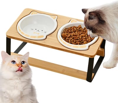 Verhoogde voerbak - Dubbele kattenkom - Gezond eten - Ergonomisch ontwerp - 35x20x18 cm - Natuurlijk hout
