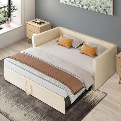 Slaapbank 90/180x200cm – Fluweel Beige – Tweepersoons Sofa Bed met Opklapfunctie, Comfortabel en Ruimtebesparend
