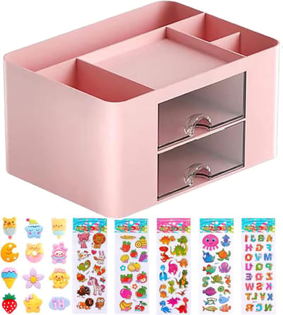Multifunctionele Bureau Organizer met Lades, Ruimtebesparende Pennenhouder en Tafel Organizer met 5 Compartimenten voor Kantoor, Thuis en School (Roze)