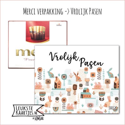 Kaartkadootje Merci -> Pasen – No:01 (Merci Chocolade - Vrolijk Pasen – Haas, kip, huis, bloem – wit) - LeuksteKaartjes.nl by xMar