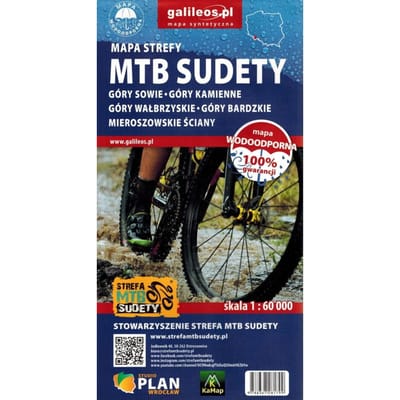 VTT Sudètes: Monts des Hiboux, Monts de Pierre, Monts de Wałbrzych, Monts de Bardzko, Murs de Mieroszów. Carte Touristique Imperméable des Pistes Cyclables. Wyd. 2023. Galileos