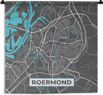 Wandkleed - Wanddoek - Plattegrond - Roermond - Grijs - Blauw - 90x90 cm - Wandtapijt - Stadskaart