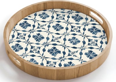 Dienblad rond 40x40 cm - Schootdienblad hout - Grafisch - Tegel - Blauw - Borrelplank rechthoek - Plateau houten dienbladen