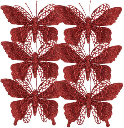 Kerstboomversiering Vlinder - 6x stuks - 16 cm - rood glitter - op clip